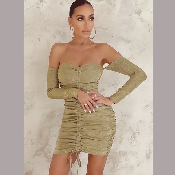Elegant Olive Green Off-Shoulder Mini Dress - Picture 1 of 6